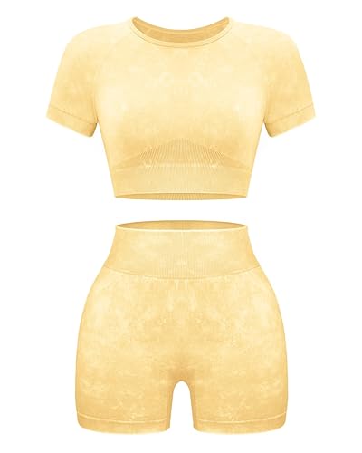 OLCHEE Womens Workout Sets 2 Piece - Seamless Acid Wash Yoga Outfits Shorts and Crop Top Matching Gym Athletic Clothing Set - Short-sleeve + Shorts: Yellow - Small