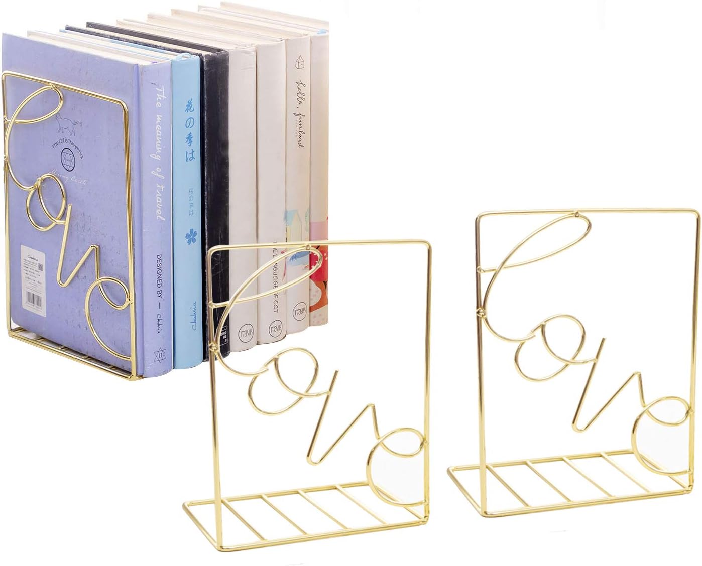 Metal Bookends 1 Pair, Love Sign Modern Decorative Bookend Bookshelf, Vertical Folder, Magazine Storage Rack (Gold)