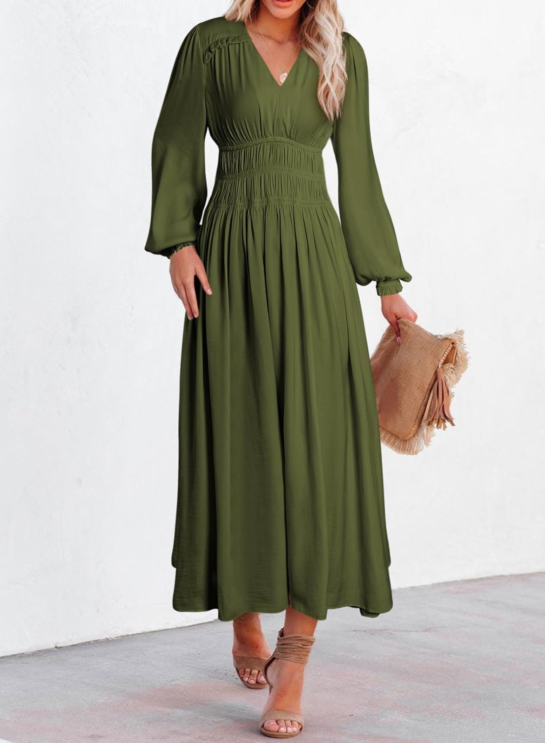 BLENCOT Womens Casual Long Sleeve Tiered V Neck Dress Pleat Ruched Ruffled Dress Solid Color Flowy Swing Midi Long Dresses - Image 2