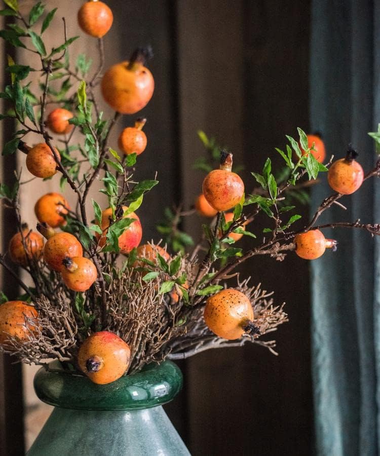 Gentille Rustic Reach Artificial Pomegranate Fruit Fake Plant Branches | Indoor Fall Decor | Pomegranate Stem Fake Tree | Home Office Table Decorative Accent - 36" Tall (1 Stem)