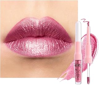 Kaely Lápiz labial metálico 2 en 1 rosa malva y delineador de labios, lápices labiales metálicos líquidos brillantes para mujeres, brillo labial con purpurina de larga duración, impermeable, a prueba