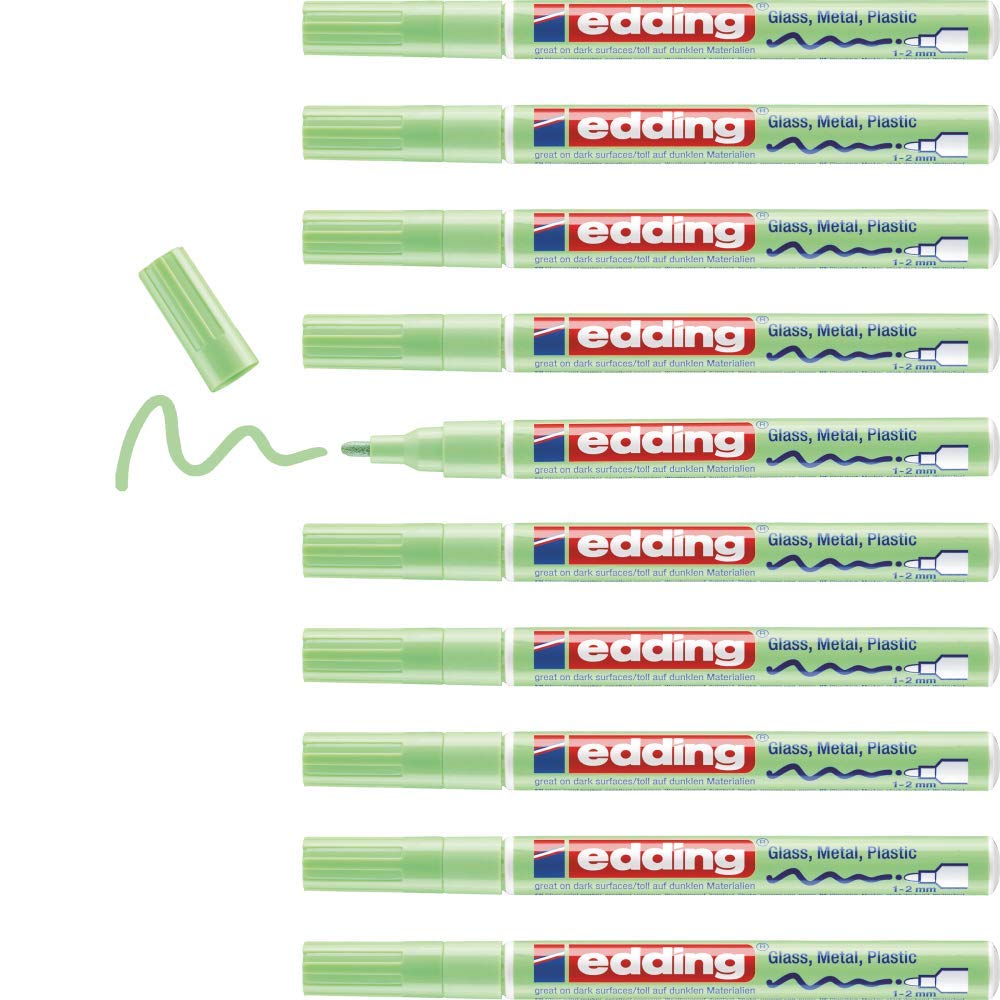 edding 751 Glanzlackmarker - pastell-grün - 10 Lackmarker - Rundspitze 1-2 mm - Lackstift für Glas, Stein, Holz, Kunststoff und Papier - wasserfest, stark deckend