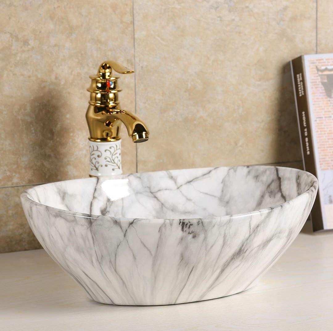 B BACKLINE Ceramic Glossy Finish Table Top Over Counter Top Vessel Sink Wash Basin (16 X 13 X 6 Inch, Black White)