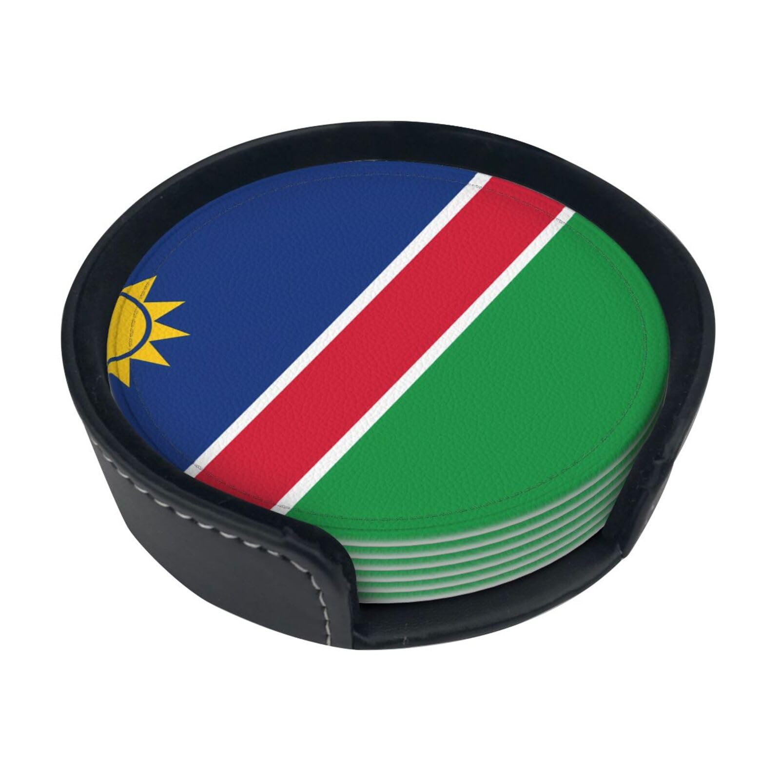 Cntdbu White Flag Of Namibia Leather Coasters Set Of 6-Pu Leather Drink Mats For Table, Heat Resistant Round Coasters With Holder