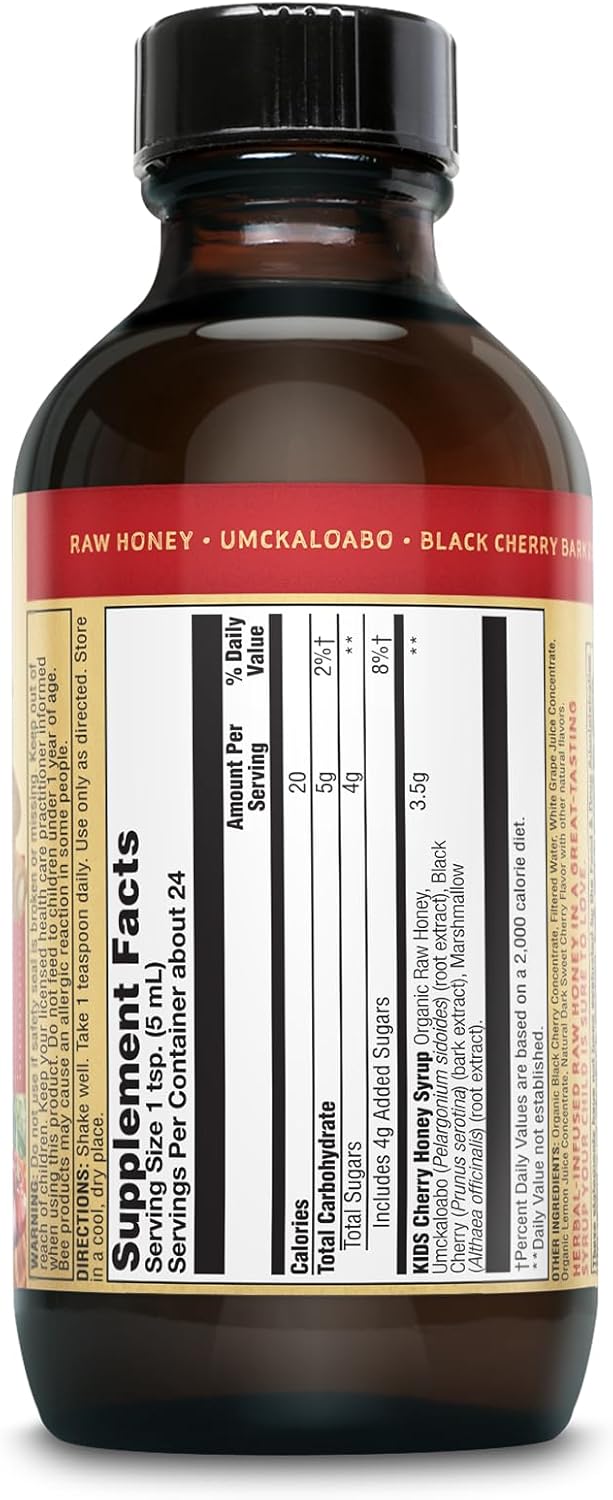 Honey Gardens Kids Cherry & Honey Soothing Throat Syrup, Herbal Infused Raw Honey Syrup, Apitherapy Formula Includes Extracts of Umckaloabo, Black Cherry, Marshmallow, 24 Servings, 4 FL. OZ. - Image 2