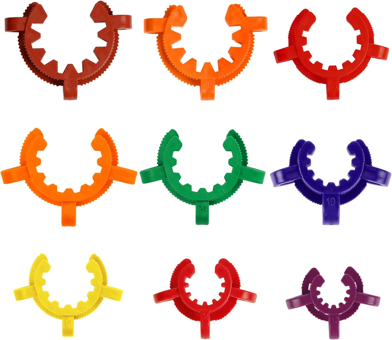 - StonyLab Plastic Joint Clips Set, 9 pcs Keck Clamp Lab Keck Clips 10/12/14/19/24/29/34/40/45mm for Glass Standard Conical Interface Clip Ground Glass Joint, Multi Size and Colors