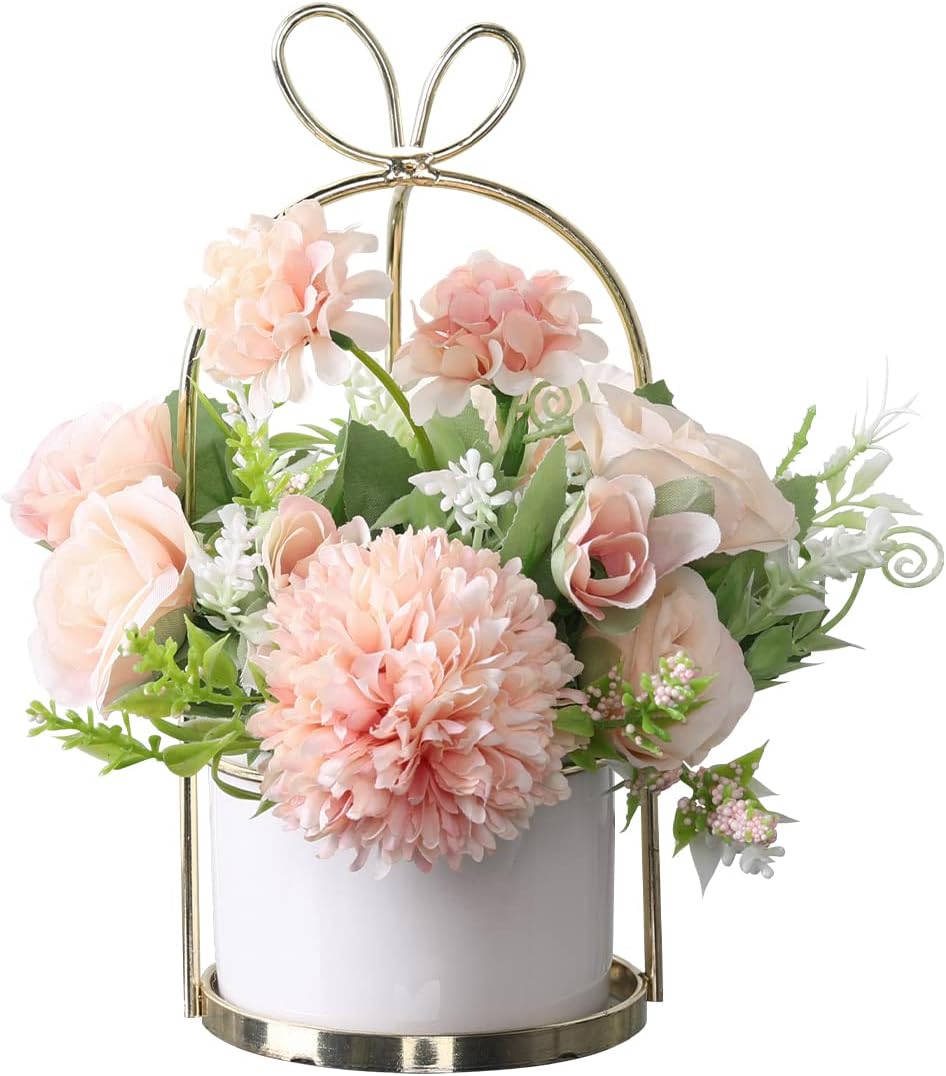 Veryhome Artificial Flowers Chrysanthemum&Hydrangea with Ceramic Vase Fake Flowers Hanging Potted Plants for Wedding Home Office Decoration(Pink)