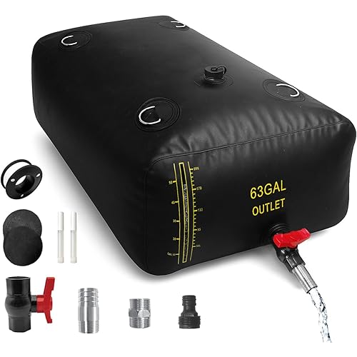 240L/63 Gal Water Bladder with Water Level Indicator, PVC Foldable and Portable Water Tank with 3 Connectors and Overflow Kit, Ideal for RV, Camping, Rainwater Collecting,Planting Watering