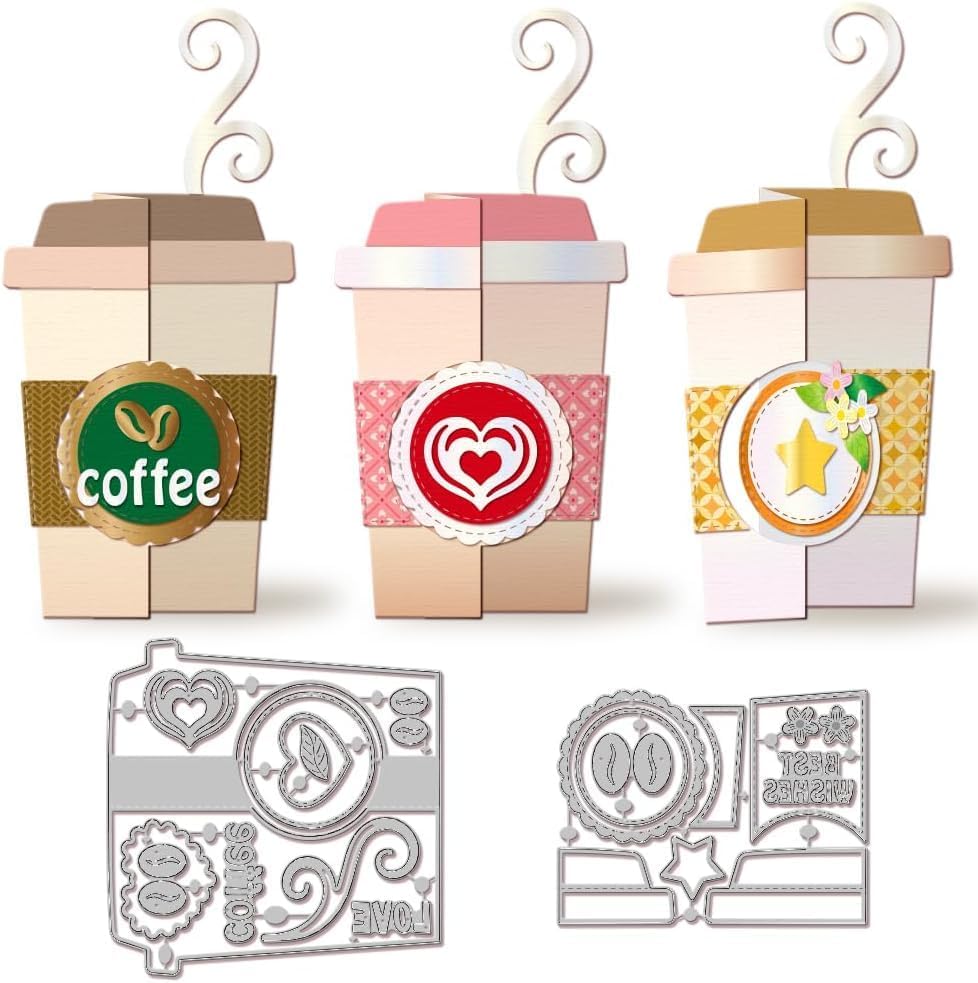 3D Folding Coffee Cup Cutting Dies for Card Making Leaf Star Heart Frame Metal Die Cuts Cutting Dies Templates for Scrapbooking Journal Embossing Paper Craft Decor