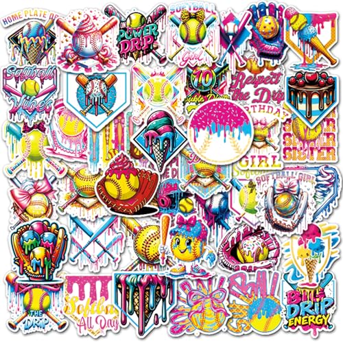 Eclazul Pink Cute Softball Stickers - 50 Pcs Bow Coquette Sports Party Favors Gifts for Adults Girls Women Team Waterproof Decals Accessories for Water Bottle Journal Scrapbook Planner Phone Keyboard
