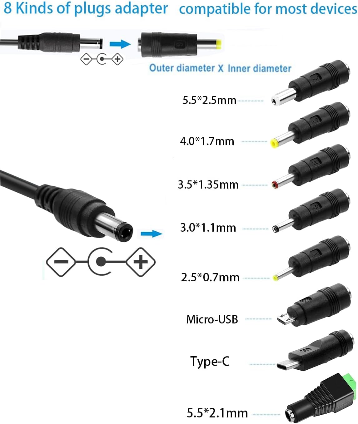 DC 5V 4A Power Supply Adapter AC 100-240V to DC 5Volt 4000mA 4.6ft Power Cord with 8 Tips and 5.5mmx 2.5mm/2.1mm Plug, 5V 4A Power Supply Transformer