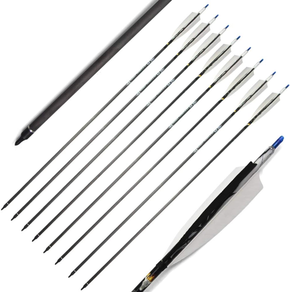 30 Inch Archery Pure Carbon Arrow Spine 500 Hunting Shooting Arrow Target Practice Arrow with 5 Inch Arrow Turkey Feather for Archery Competition Practice