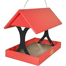 DutchCrafters Poly Plastic Hanging Fly Through Bird Feeder, Covered Fly-Thru Mesh Tray Wild Bird Feeder - Amish Made in USA Hanging, Red & Black