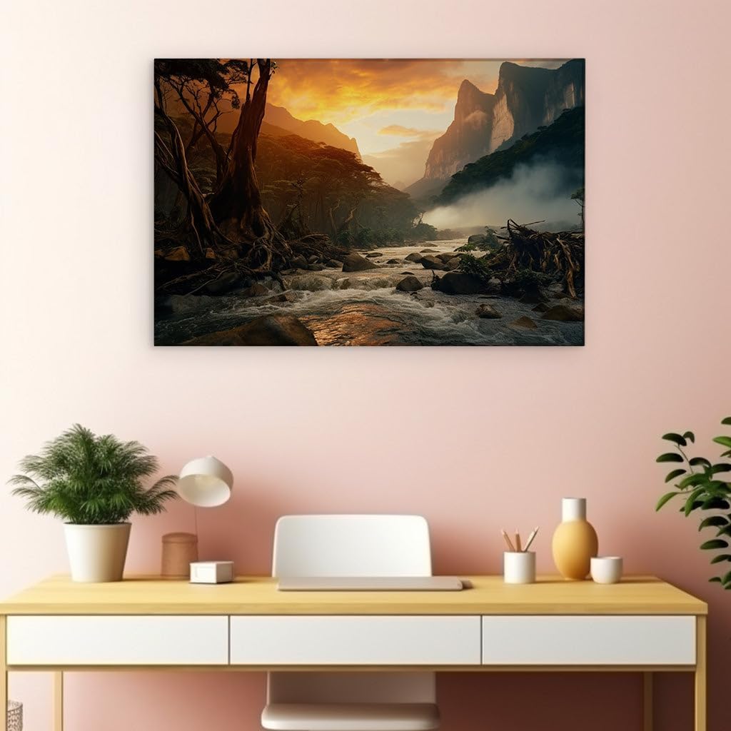 Canvas for Living room. Twilight Majesty: Where River Meets the Enchanted Forest, 27 x 18 inch Canvas Wall Art - Modern Home Decor