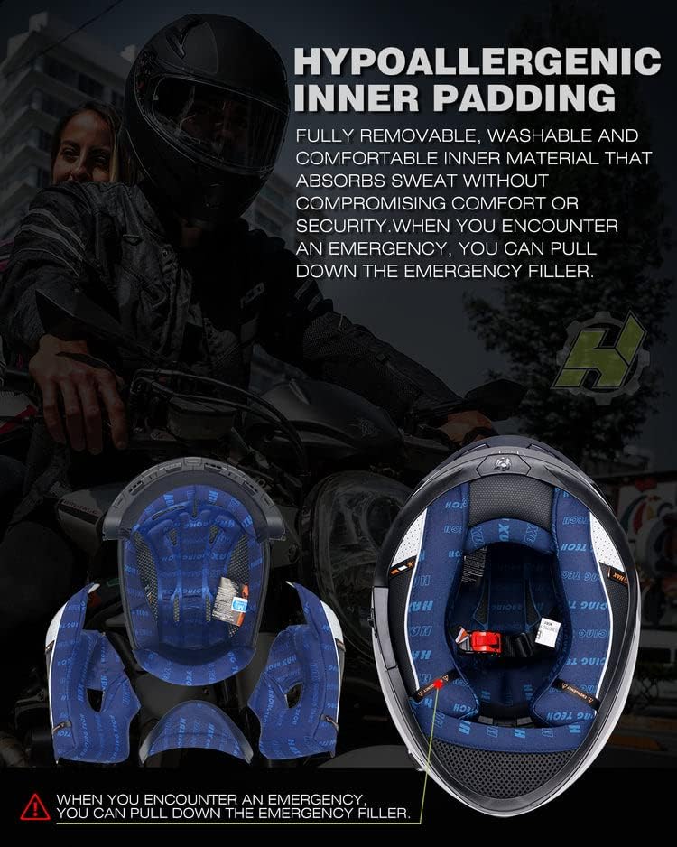 Miniatura 5 de Hax - Casco integral de motocicleta y de moto de calle con doble aleta trasera y Pinlock Ready, ligero y duradero para adultos, aprobado por el DOT
