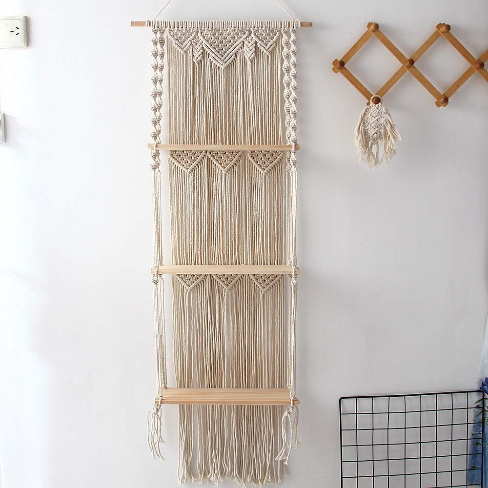 Jevina Boho Makramee Wandbehang Regal 3 Tier Handgefertigte Gewebte Quaste Organizer Regale Wand Schwimmende KleiderbüGel für Wohnkultur