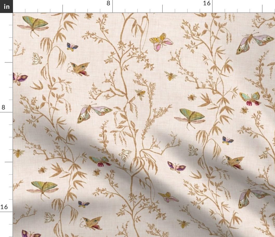 Spoonflower Fabric - Chinoiserie Cottage Botanical Blush Pink Cream Butterfly Floral Printed on Petal Cotton Fabric Fat Quarter - Sewing Quilting Apparel Crafts Decor