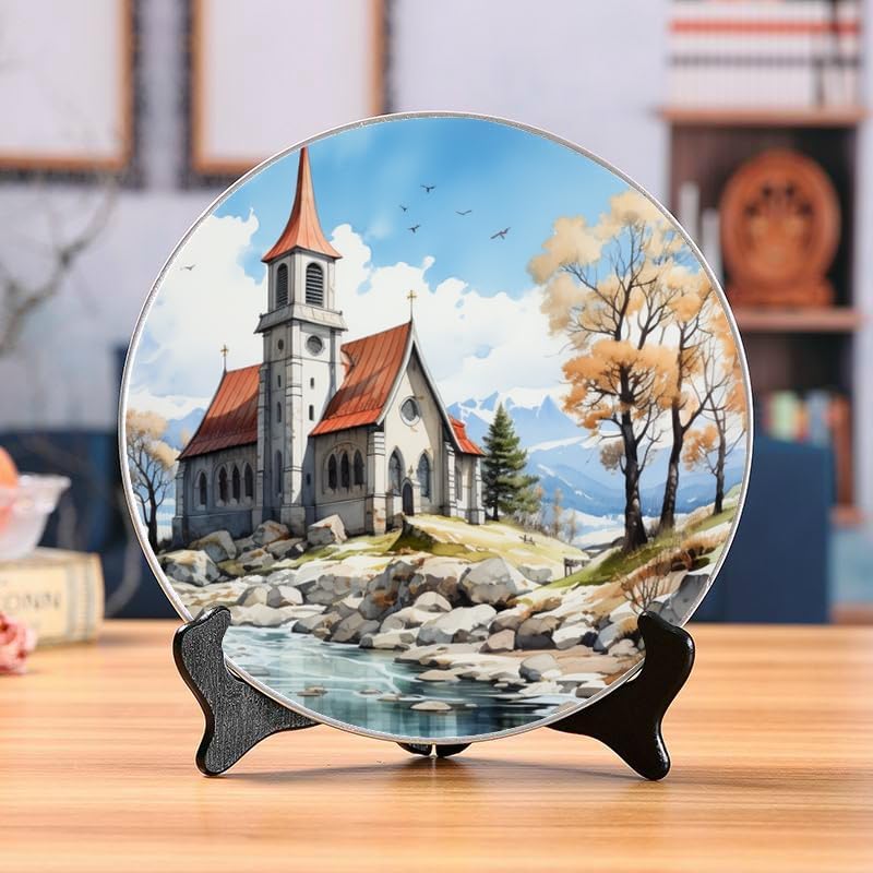 Watercolor Illustration Ceramic Display Plate 10-inch Round, Home Decor with Stand & Hook DP-620391024