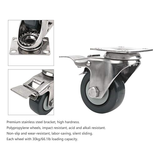 Miniatura 2 de Rueda giratoria con ruedas de freno, 1.5 pulgadas, carga de 66.1 lbs/66.1 libras, polipropileno 304, acero inoxidable 304, freno sin rastro, soporte