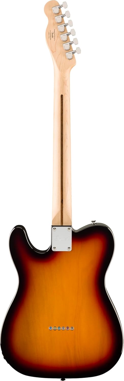 Guitarra Fender Squier Affinity Telecaster Thinline Sunburst vista traseira, mostrando braço claro em madeira com tensor exposto e parte traseira do corpo sunburst sobre fundo branco.
