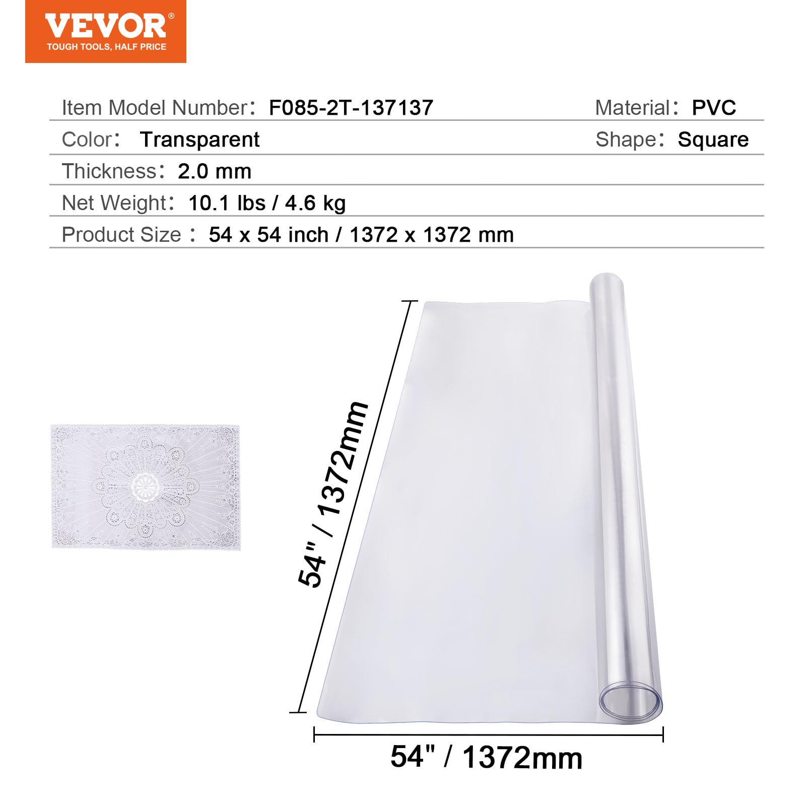 VEVOR Tovaglia Protezione per Tavolo Tappetino Quadrato Trasparente per Tavolo 1372 x 1372 mm Pellicola Protettiva Impermeabile per Tavolo, Tovaglia, Tavolo per Ufficio, Tavolo da Pranzo