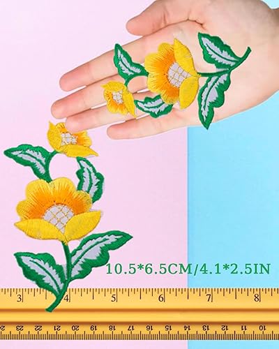 Miniatura 2 de 5 pares de flores florales para planchar con parche bordado de vid verde para cuello, vestido, zapatos, jeans, accesorios de costura (amarillo)