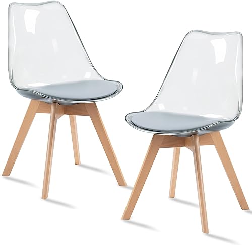 Juego de 2 sillas de comedor transparentes, modernas sillas de comedor de acrílico con cojines de piel sintética y patas de madera, sillas laterales