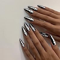 Vista 8 de 24 piezas de uñas postizas almendradas a presión de longitud media, puntas de uñas estilo stiletto, uñas postizas reutilizables con diseño de rayas