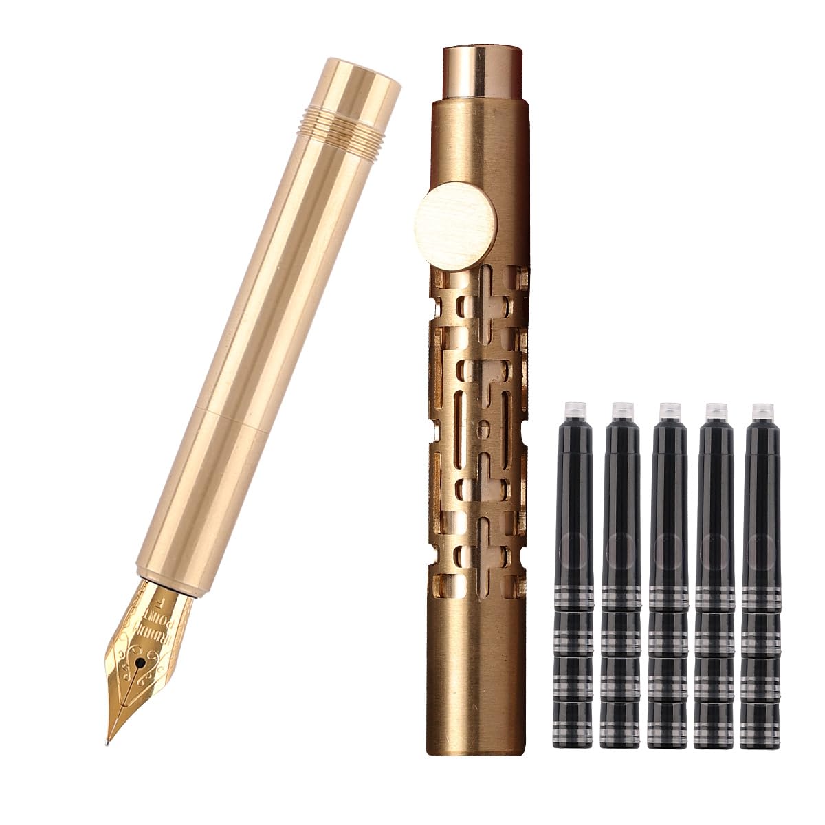 SIPLIV Brass Fountain Pen (85mm) Short Paragraph Pocket Mini Travel Pen Iridium Fine Nib Fountain Pen with 20 Pcs Black Ink Cartridges, Hollow Out