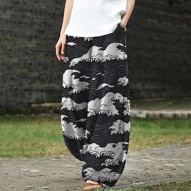 Japanese Artistic Pattern Wide Leg Pants for Women Waist Elastic Lounge Lantern Trousers with Pockets
