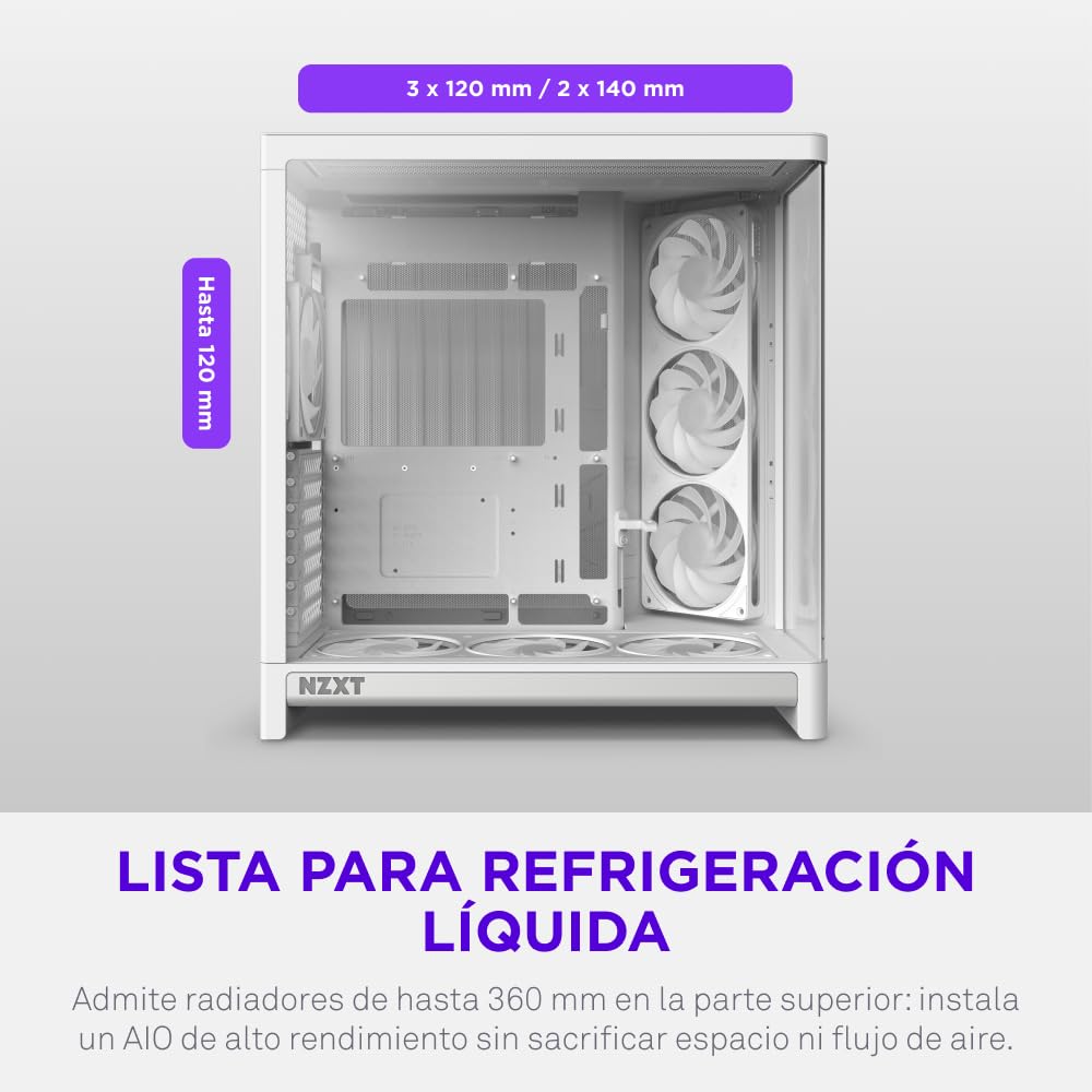 NZXT H6 RGB+ - Caja PC ATX Compacta Doble Cámara - Blanco | Caja ATX de doble cámara con ventiladores RGB preinstalados y Control Hub Lite. Iluminación sincronizada con CAM de fábrica.