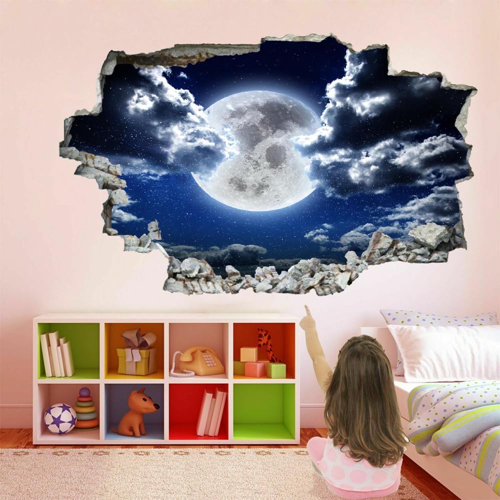 Pegatinas De Pared Murales Calcomanías, Luna Tatuaje De Pared 3D Roto, Paisaje Nocturno Vinilo De Pared Para Decoración De Arte Del Hogar, Decoración De Habitación De Niños 120x80cm