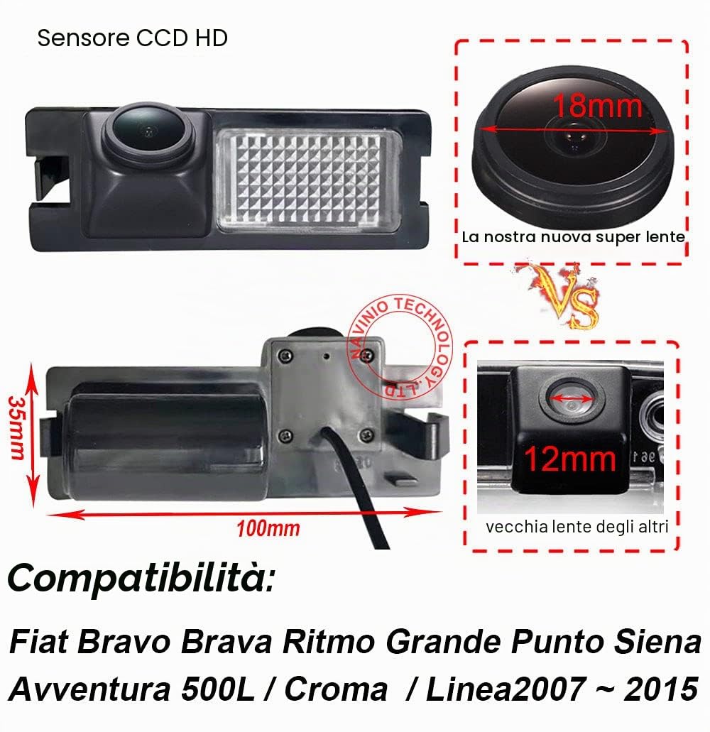 1280 * 720 pixel 1000 linee TV Obiettivo 18mm di alta qualità Luce targa Telecamera posteriore, sostituzione per Fiat Bravo Brava Ritmo Grande Punto Siena Avventura 500L/Croma/Linea 2007-2015