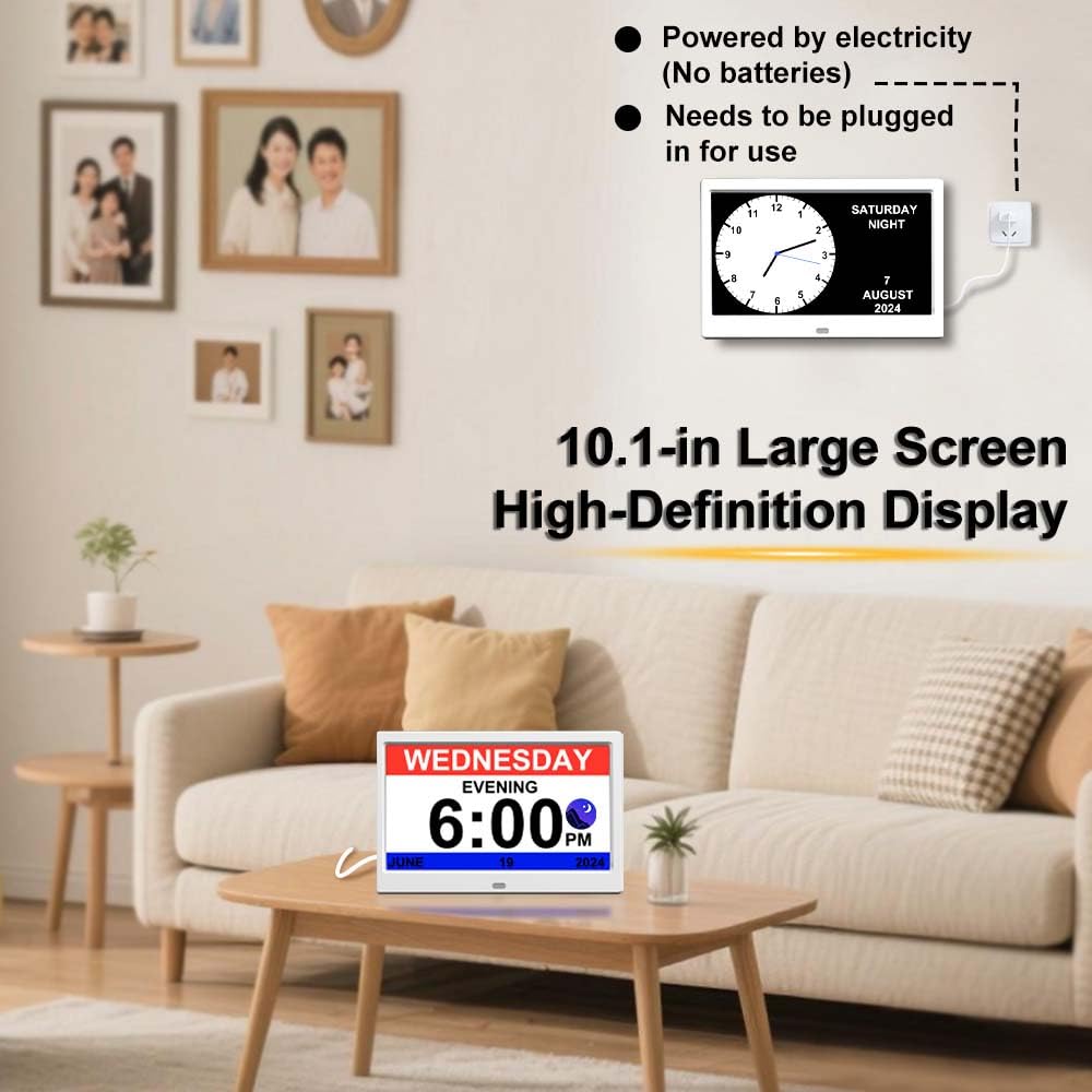 CAZOKASI Reloj digital con fecha y día de la semana para ancianos, 15 alarmas, recordatorio de medicamentos, demencia, Alzheimer, calendario con pantalla extragrande (blanco, 10.1 pulgadas)