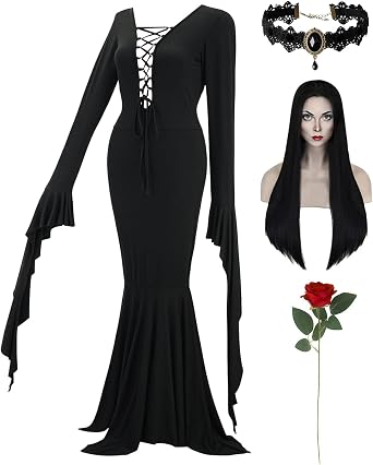 أزياء الهالوين Morticia Addams Vintage Gothic Black Long Dress Outfit شعر مستعار نسائي قلادة زهور ورود حمراء