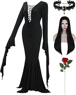 Halloween Costumes Morticia Addams Vintage Gothic Black Long Dress Outfit Women Wig Red Roses Flowers Necklace