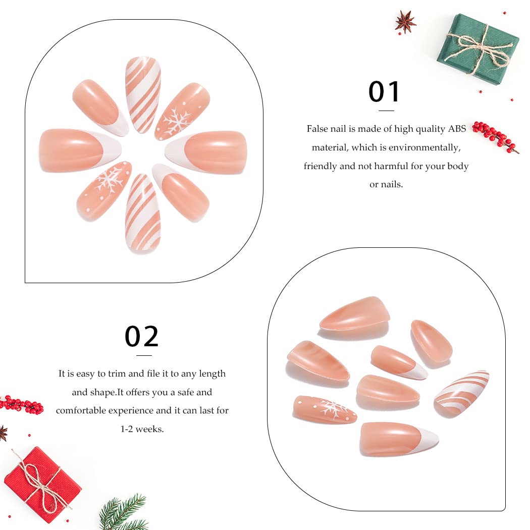 Handcess Christmas Oval False Nails White Short French Press on Nails Glossy Snowflake Acrylic Fake Nails Stick on Nail 24Pcs for Women - Image 3
