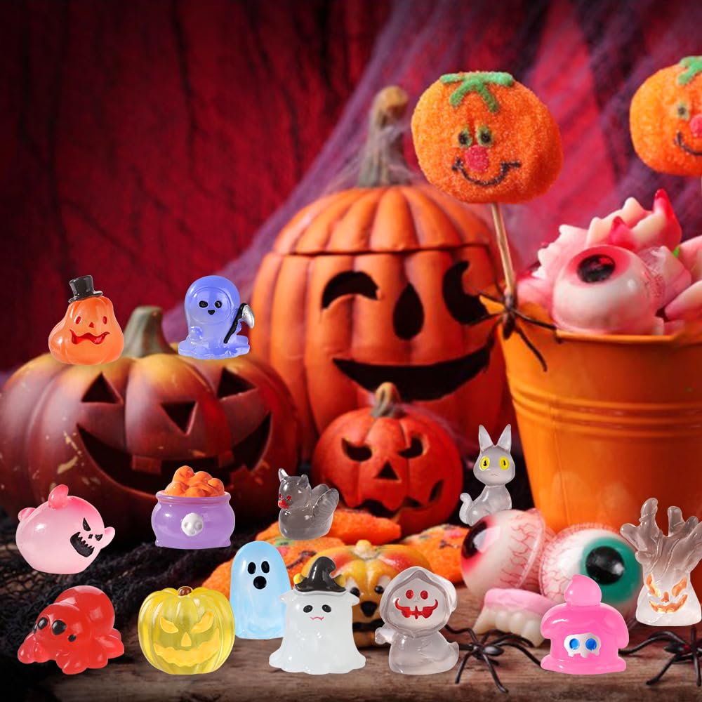 XIMISHOP 50PCS Mini Halloween Resin Luminous Ornaments,50 Styles Little Tiny Halloween Resin Ducks Pumpkins Miniature Small Halloween Plastic Figures Glow in The Dark for DIY Landscape Desk Decor - Image 4