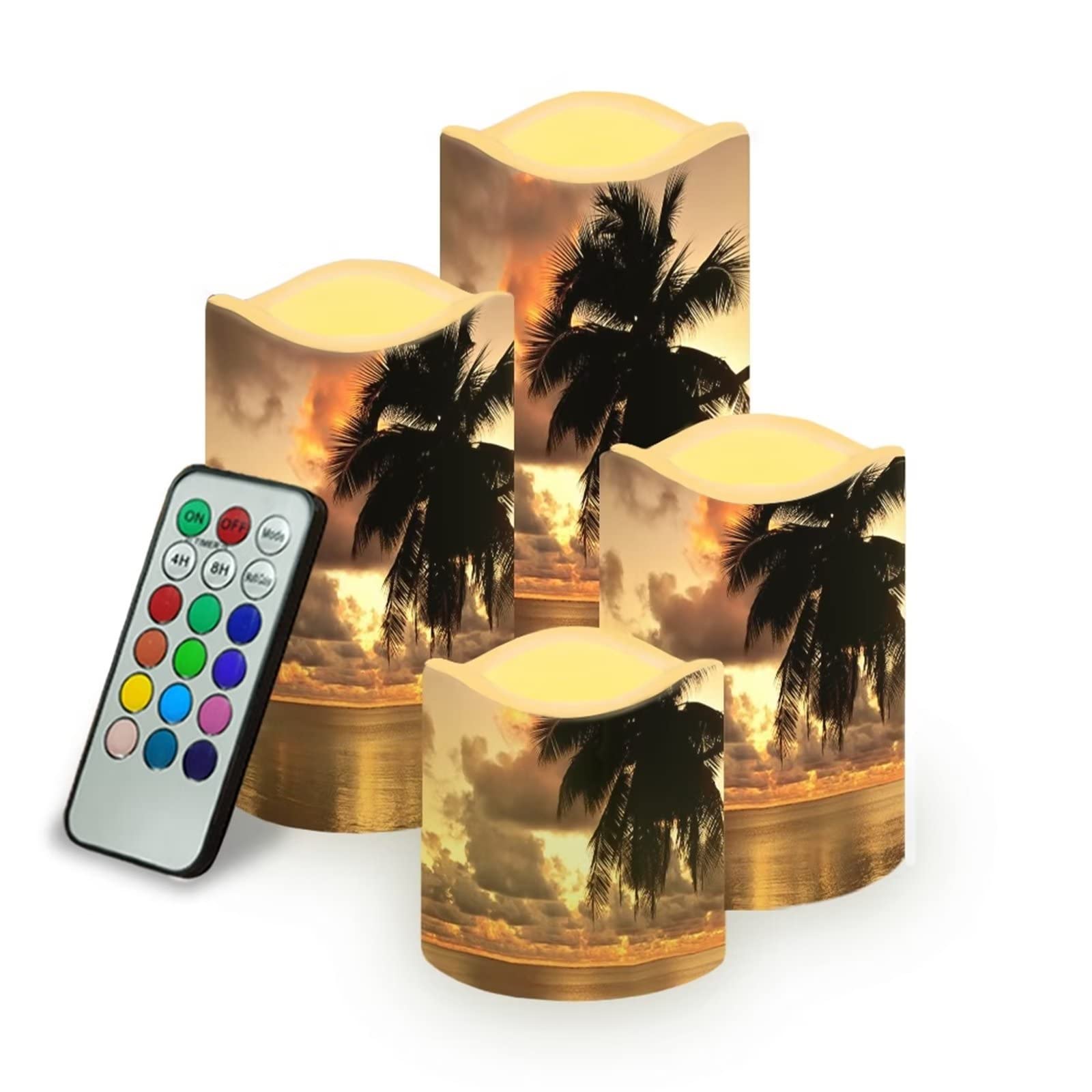 Yzaoxia Tropical Palm Tree Battery Operated Flameless Candles with Timer Flickering Seascape Outdoor Led Candles Decorative Candles for Home Decor