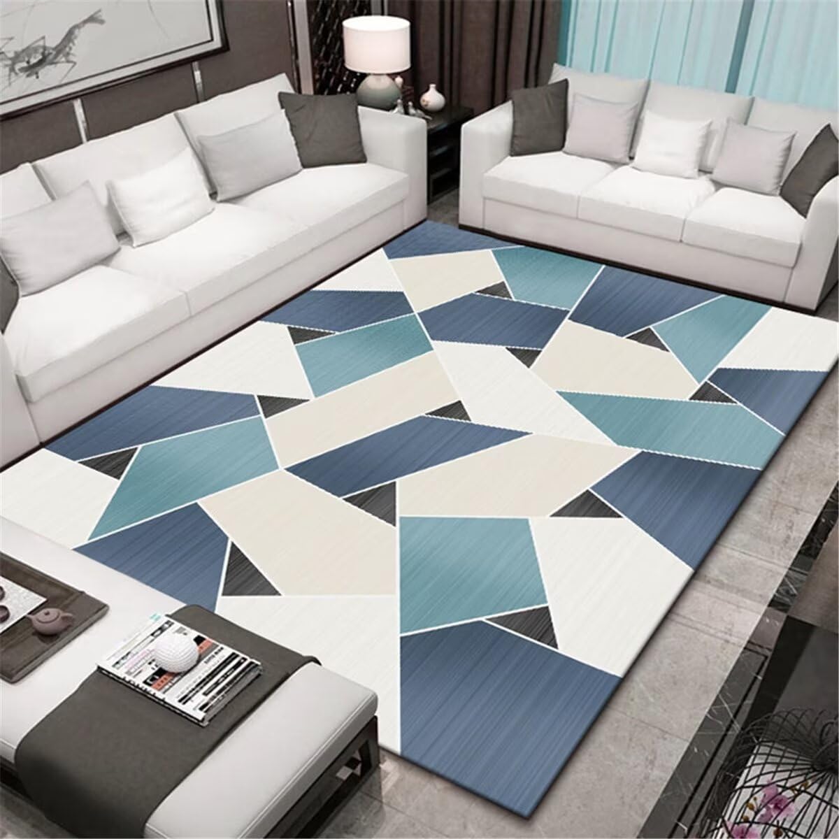 Tapis au design géométrique irrégulier bleu résistant en taille 70X140CM
