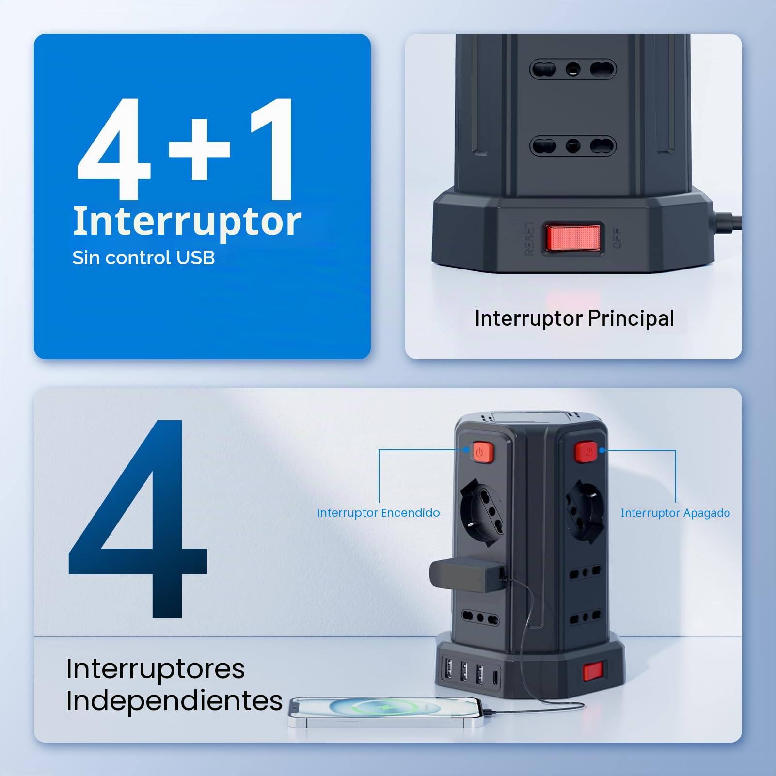 Regleta eléctrica con 12 Tomas universales 10/16 A ITA y Schuko y 3 USB A+1 USB C protección contra sobretensión con 4 interruptores Independientes, Negro
