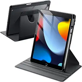 JETech Capa Giratória para iPad 9/8/7 (10,2 Polegadas, Modelo 2021/2020/2019, 9ª/8ª/7ª Geração) com Porta Pencil, Capa Protetora de Rotação de 360 Graus, Parte Traseira Claro (Preto)