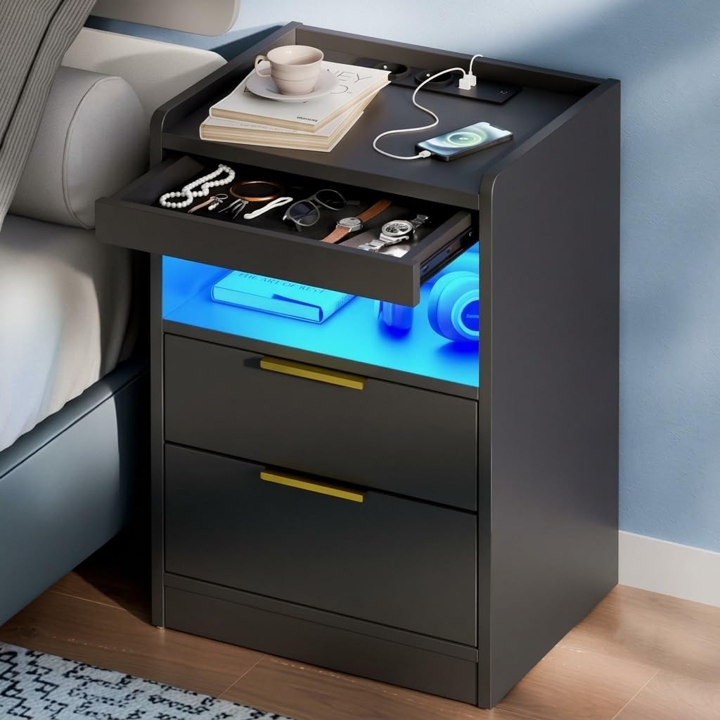 Mondeer Bedside Table with Charging Station, LED, Hidden Drawer โ image 1