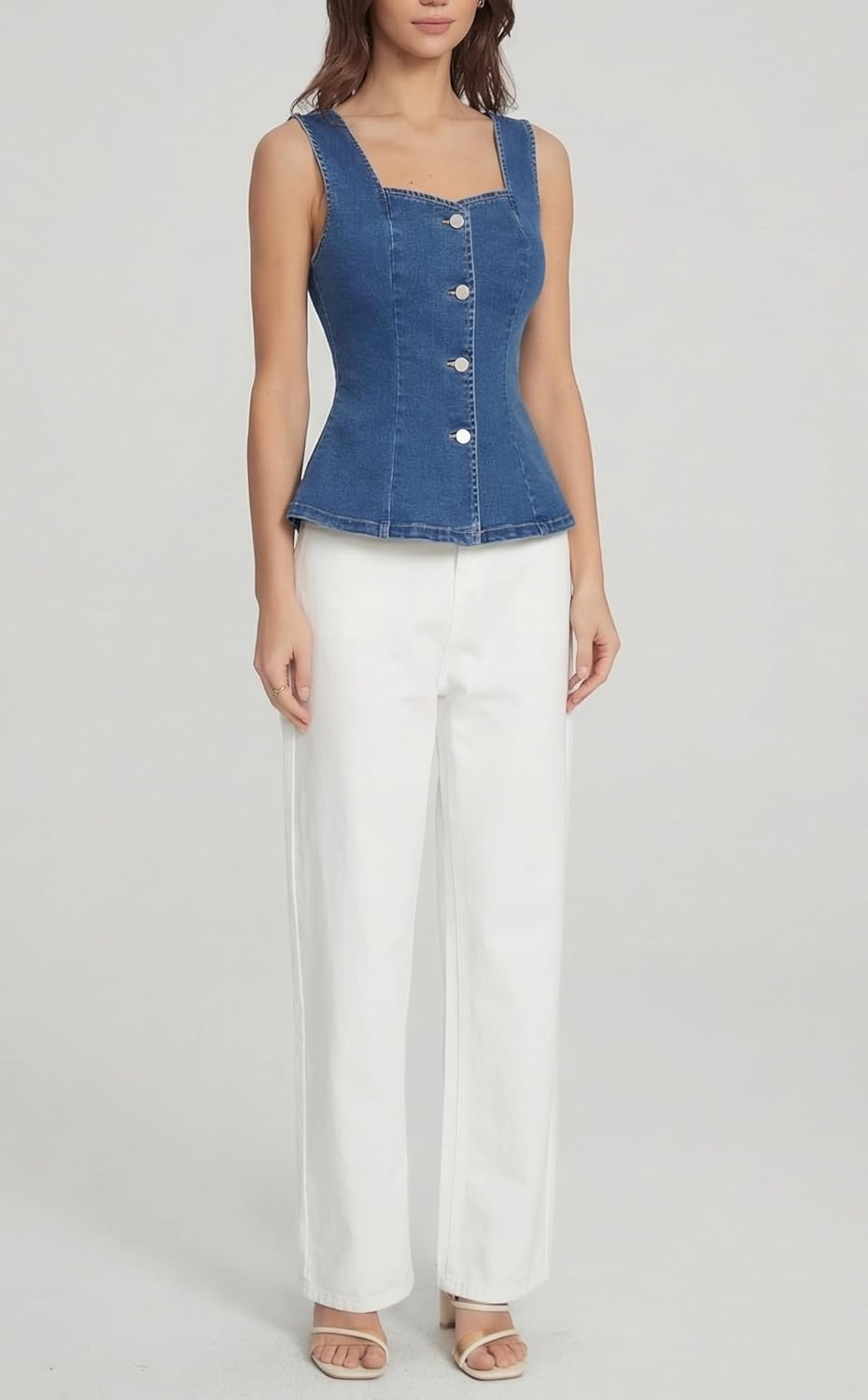Ladyful Peplum Denim Vest Tops Women Jean Vest Flared Stretchy Square Neck Button Sleeveless Denim Tank Top Waistcoat