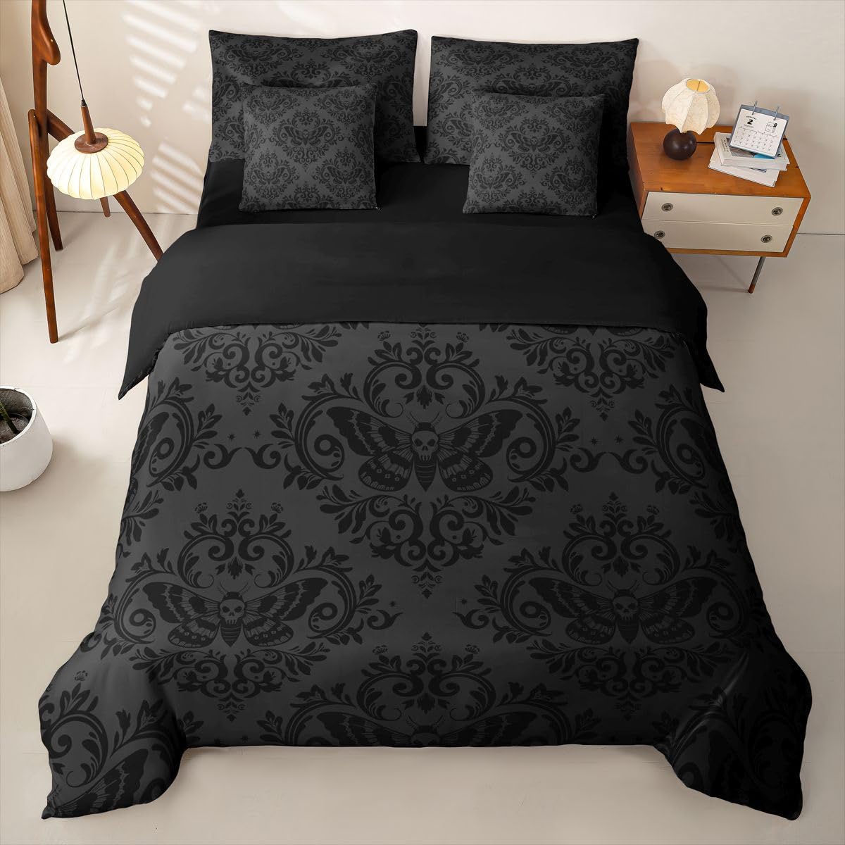 Loussiesd CorlBlack - Juego de funda de edredón con sábanas, 7 piezas, tamaño Super King, juego de ropa de cama jacquard en una bolsa, para niños y niñas, damasco negro, decoración de dormitorio