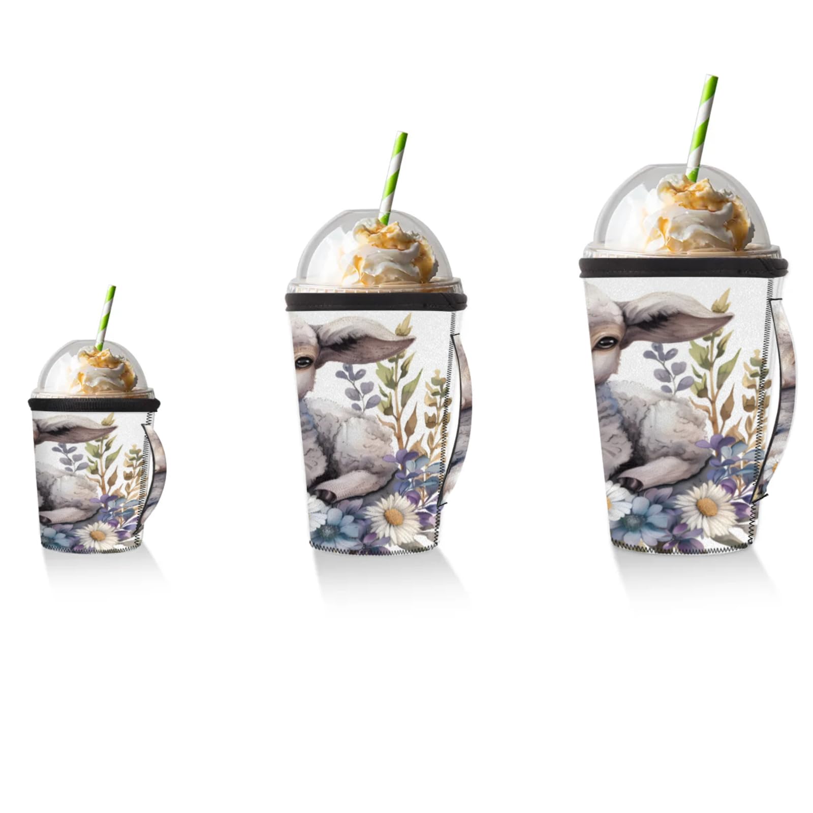 Alpaca Flower Reusable Neoprene Coffee Sleeve with Handle Insulated Iced Coffee Cup Holder Reduces Condensation Fits 24-28 oz Cups M