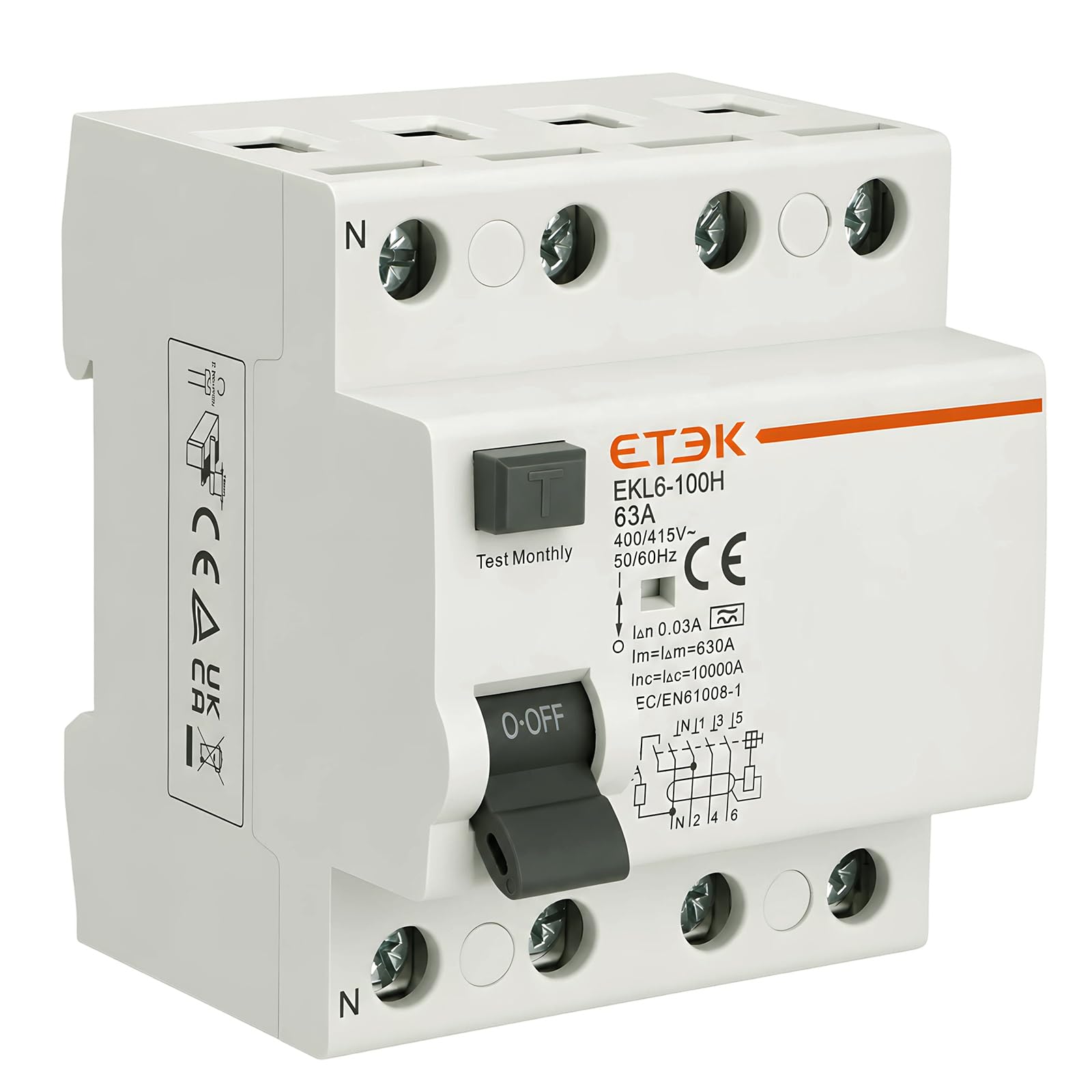 Wengart 63A 4-Pole RCCB Type A, EKL6-100H Electro-Magnetic Residual Current Circuit Breaker, 30mA Sensitivity, 10kA High Breaking Capacity, Voltage Independent for 3-Phase EV Chargers & Heat Pumps