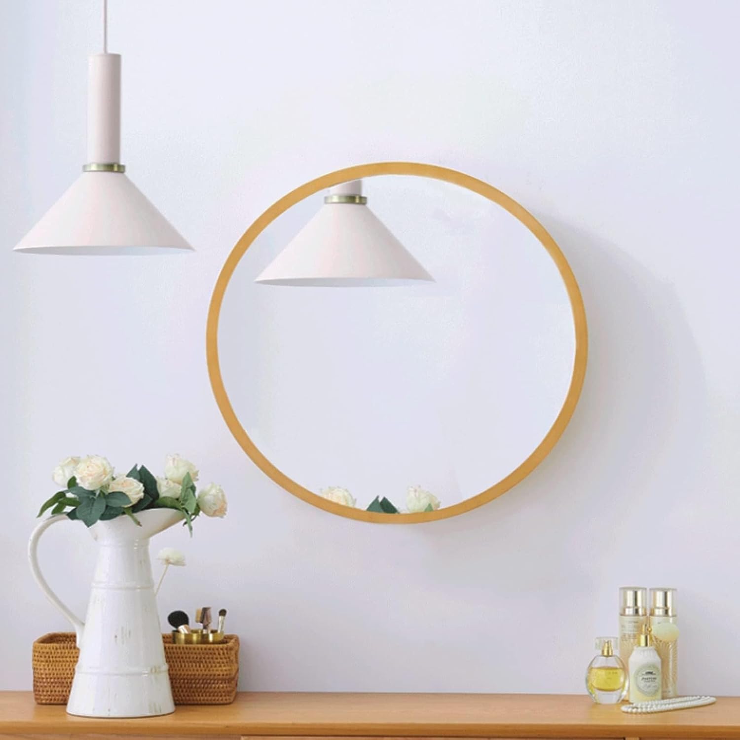 Round Mirror Cabinet Wall-Mounted Bathroom Mirror Cabinet Wooden Vanity with Storage Shelf and Mirror Space Saver(70cm)