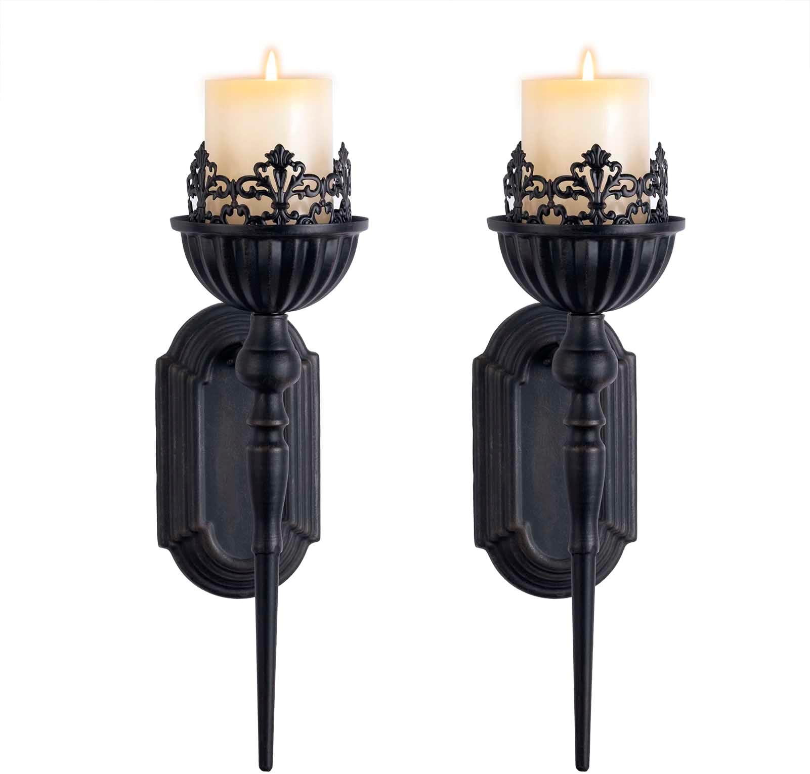 Gothic Wall Sconce Candle Holder (Set of 2) Black Crown and Scepter Design Wall-Mount Metal Candle Holders Hanging Iron Wall Candle Sconce Holder for Living Room, Bathroom, Dining Room