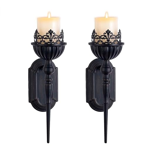 Wall Sconce Candle Holder (Set of 2) Black Crown and Scepter Design Wall-Mount Metal Candle Holders Hanging Iron Wall Candle Sconce Holder for Living Room, Bathroom, Dining Room